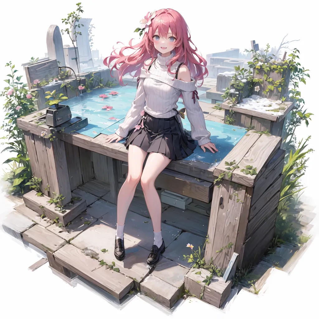 The image is of an anime girl with pink hair and pink eyes. She is wearing a white turtleneck sweater with off-the-shoulder sleeves, a gray pleated skirt, and black shoes. She is sitting on a wooden table in an outdoor setting. The table is decorated with a small radio and some plants. There are also plants and tombstones in the background. The girl is smiling and looks happy.