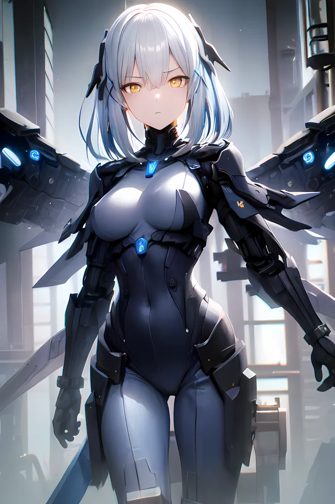 The image is a painting of a young woman with long white and blue hair. She is wearing a black and white bodysuit with a blue gem in the center of her chest. She has a pair of wings made of metal and her eyes are yellow. She is standing in a futuristic city and there are buildings and lights in the background.