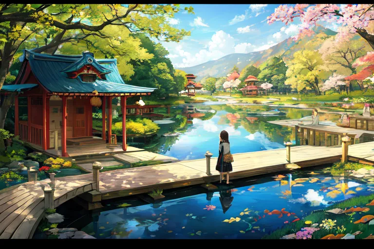 A imagem está ambientada em um belo jardim japonês. Há um grande lago com uma ponte de madeira sobre ele. A água do lago é cristalina e há muitos peixes coloridos nadando nela. Há uma pequena cachoeira na borda do lago. O jardim está cheio de árvores e flores exuberantes. Há uma casa tradicional japonesa ao fundo. A casa tem um telhado azul e paredes brancas. Há uma menina pequena em pé na ponte. Ela está usando um quimono e tem o cabelo preso em um coque. Ela está olhando para os peixes no lago. A imagem é muito pacífica e serena.