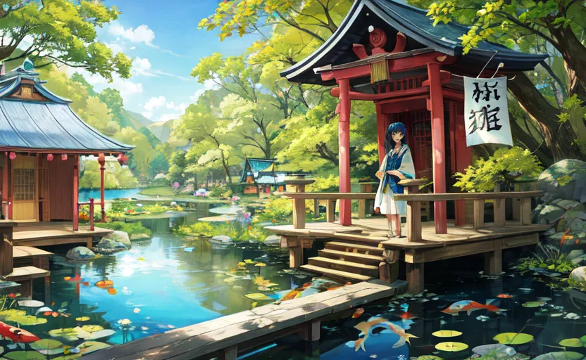 A imagem é um belo jardim japonês com um lago, uma ponte e uma casa tradicional. A água do lago é cristalina com carpas nadando nela. As árvores são exuberantes e verdes, e as flores estão em flor. Uma menina vestindo um quimono está em pé na ponte, olhando para o jardim. Ela tem uma expressão serena no rosto e parece estar desfrutando da paz e tranquilidade do jardim. A imagem está cheia de cor e detalhes, e captura a beleza de um jardim japonês tradicional.