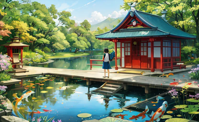 The image is a beautiful Japanese garden with a red house. The garden has a pond with koi fish, and a small bridge leading to the house. The house has a green roof. There are trees and flowers all around the garden. A girl with a yellow bag is standing on the bridge. She is wearing a blue skirt and a white shirt. The background of the image is a mountain. The image is very peaceful and rel