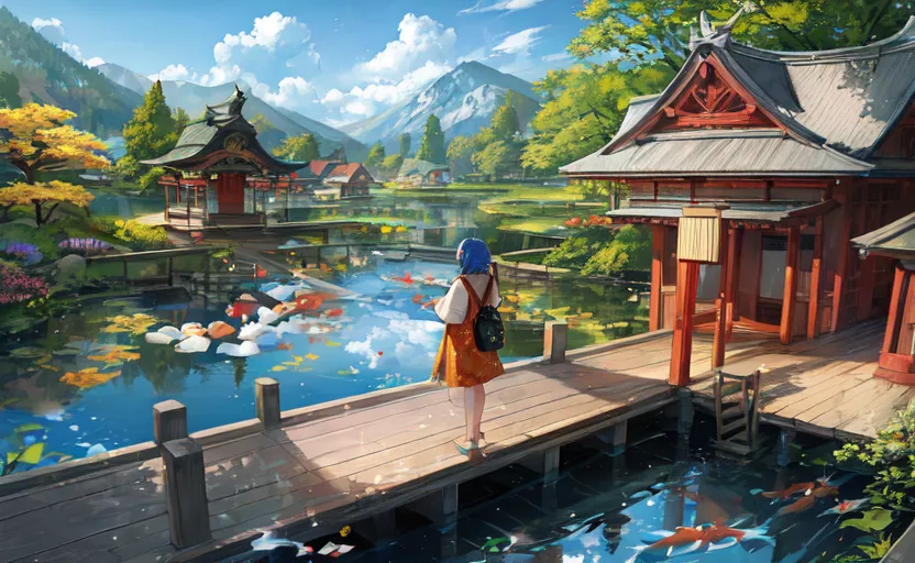 A imagem está ambientada em uma bela aldeia japonesa. A aldeia é cercada por montanhas e tem um rio correndo através dela. As casas são de estilo tradicional japonês e há muitas árvores e flores.

Uma menina com cabelo azul e usando um quimono amarelo está em pé em uma ponte na aldeia. Ela está olhando para os coloridos peixes koi nadando no rio. A menina está sorrindo e parece tranquila.

A imagem é muito pacífica e relaxante. É uma bela representação de uma aldeia japonesa tradicional.
