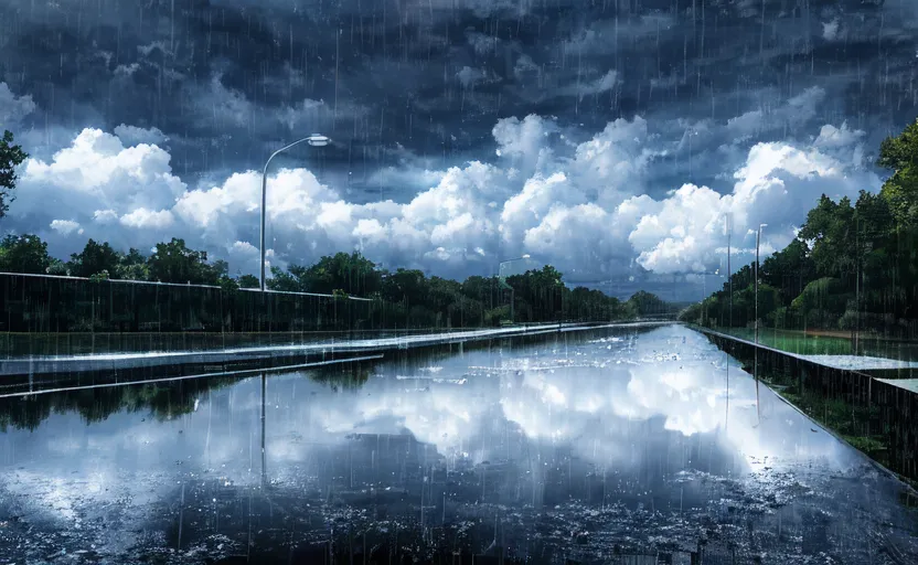 A imagem é uma foto de uma estrada em um dia chuvoso. A estrada está molhada e refletindo a luz dos postes de iluminação. As árvores de ambos os lados da estrada são verdes e exuberantes. O céu está escuro e nublado, e a chuva está caindo com força. A imagem é muito atmosférica e captura a sensação de um dia chuvoso.