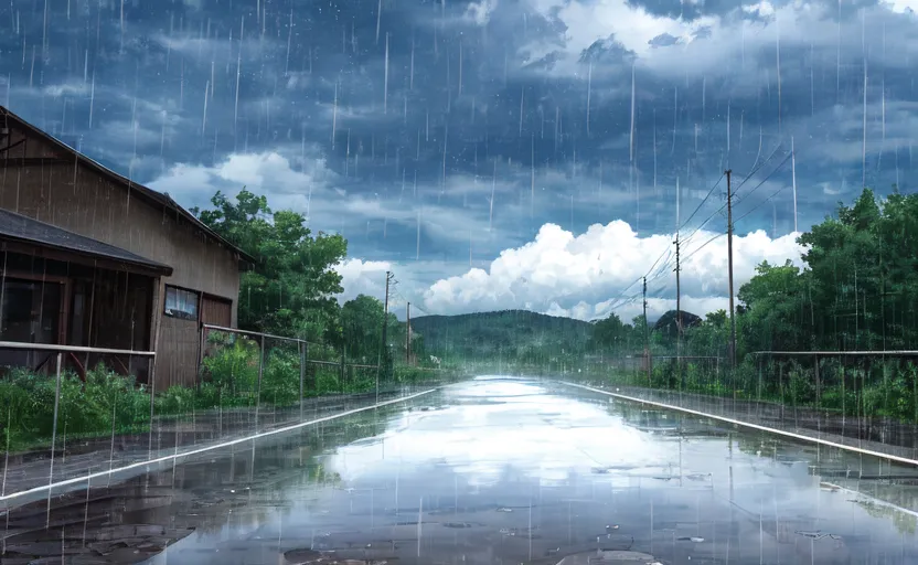 The image is set on a rainy day in a rural area. The road is wet and reflecting the sky, and the trees are green and lush. There is a house on the left side of the road and a hill in the distance. The sky is dark and cloudy, and the rain is falling heavily. There are no people in the image, which gives it a sense of peace and tranquility.