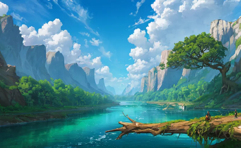 The image is a beautiful landscape painting. It shows a wide river flowing through a valley. The river is surrounded by lush green trees and mountains. The sky is blue and there are some white clouds. There is a large tree in the foreground with a person standing on the branch. There is another person in a boat on the river. The painting is very peaceful and serene.