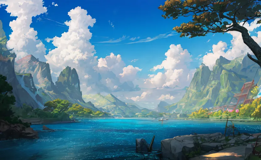The image is a beautiful landscape painting. It shows a wide river flowing through a valley between two tall mountains. The mountains are covered in lush green trees, and the river is a deep blue color. The sky is a clear blue, and there are a few white clouds floating in it. In the foreground of the painting, there is a small village with a few houses and a dock. There are also a couple of boats on the river. The painting is done in a realistic style, and the artist has used a lot of detail to create a sense of depth and atmosphere.