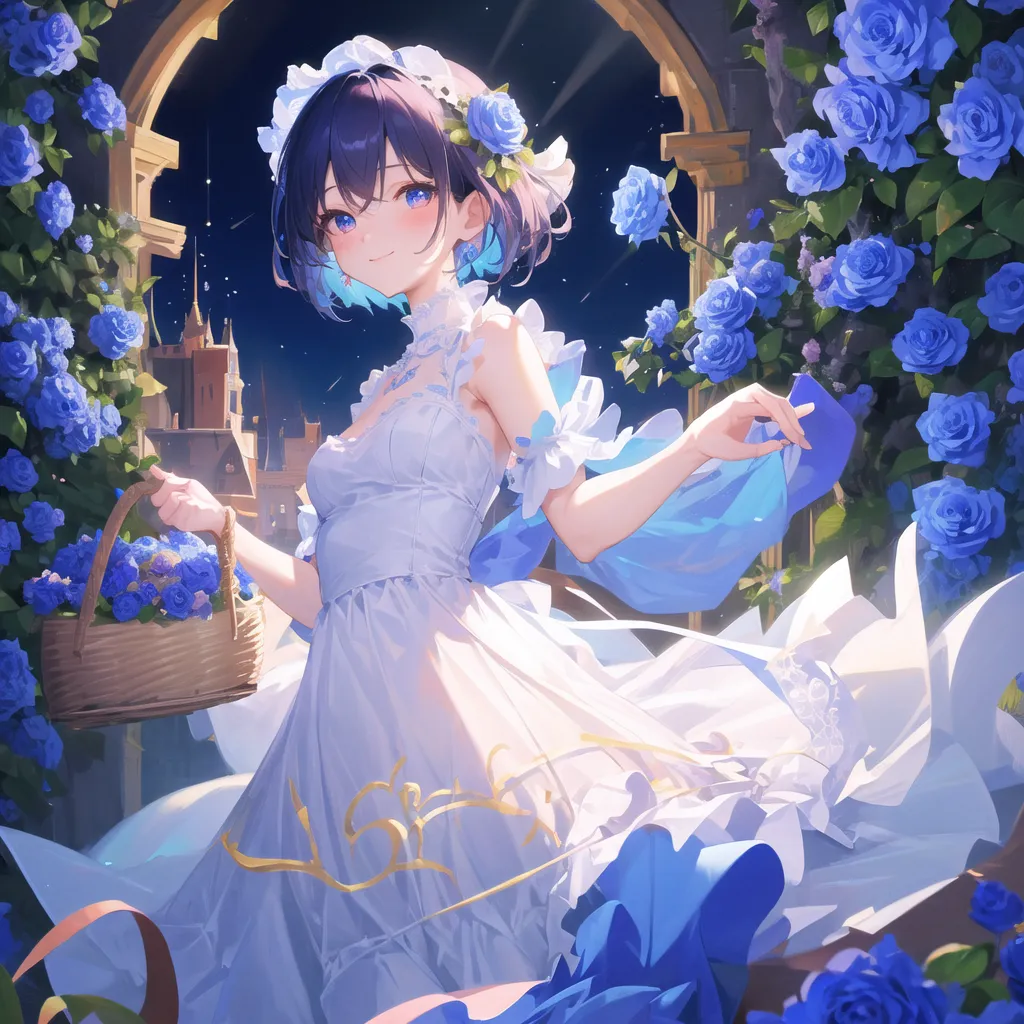 This is an image of a girl with short dark hair and blue eyes. She is wearing a white dress with a blue sash and a blue flower in her hair. She is standing in a garden of blue roses, holding a basket of blue roses. There is a castle in the background. The night sky is dark blue with bright stars.