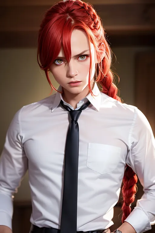 This is an image of a young woman with red hair and eyes. She is wearing a white shirt and a black tie. The shirt is buttoned up and the tie is tucked into it. She has a serious expression on her face and is looking at the viewer with her head tilted a bit downwards at an angle. Her hair is long and braided, and she is wearing a watch on her left wrist. The background is blurry and is a darker color than the foreground.