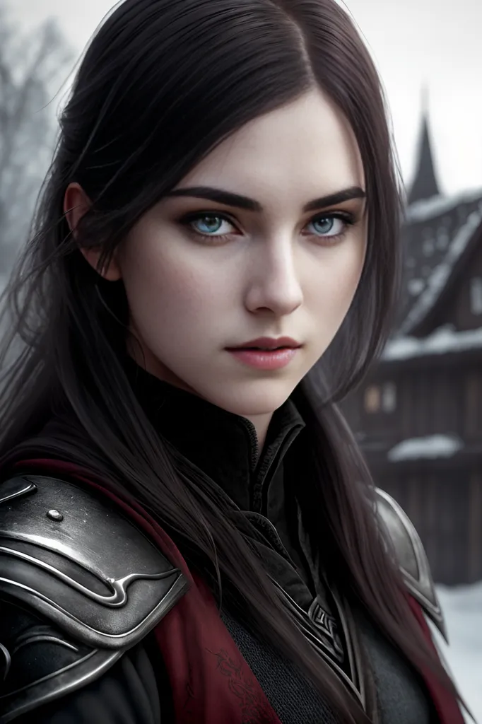 This is an image of a young woman with long, dark hair. She is wearing a dark-colored outfit with silver and red accents. The outfit looks like armor. She has a serious expression on her face. She is standing in front of a stone building that is partially covered in snow.