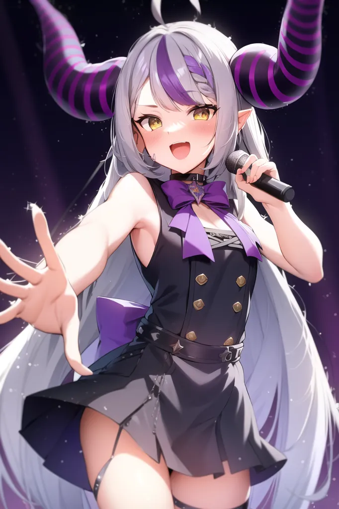 This is an image of a young woman with purple and white hair, purple eyes, and devil horns. She is wearing a black dress with a purple bow and is holding a microphone. She is smiling and has her hand outstretched. The background is dark with purple stars.