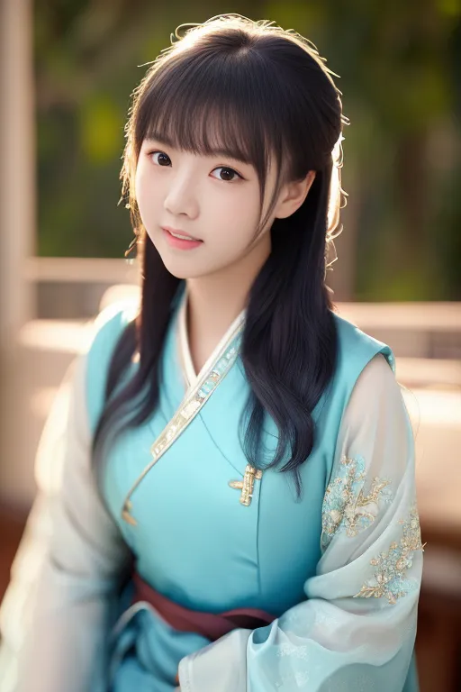 The image shows a young woman with long black hair and bangs. She is wearing a blue cheongsam with white and gold trim. The cheongsam has a high collar and is fastened with a frog closure. The woman is sitting in a pavilion and there are trees and flowers in the background.