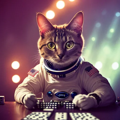 This is an image of a cat wearing an astronaut helmet and spacesuit. The cat is sitting at a control panel with a serious expression on its face. The background is a blur of colorful lights.