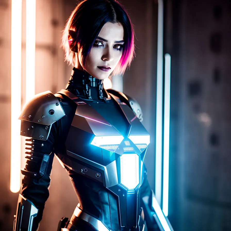 The image is of a young woman standing in a dark room. She is wearing a black and silver bodysuit with a glowing blue light in the center. She has short pink and black hair and blue eyes. There are blue lights on either side of her. She is looking at the camera with a serious expression.