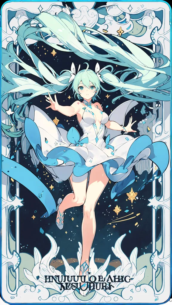 The image is of a young woman with long, flowing green hair. She is wearing a white dress with a blue sash. She is standing on a blue and white pedestal, and there are stars and sparkles all around her. The background is a dark blue with a white frame. The woman's eyes are closed, and she has a serene expression on her face. The image is drawn in a realistic style, and the colors are vibrant and bright.