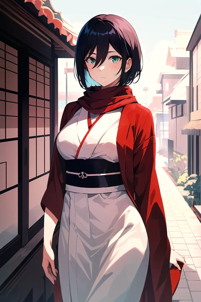 The image shows a young woman, with an anime style, wearing a kimono. The kimono is white with a red and black obi. She is also wearing a red haori. Her hair is dark blue and her eyes are green. She is standing in a traditional Japanese street with wooden houses.