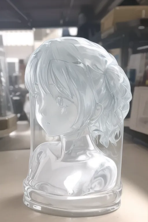 The image contains a glass sculpture of a girl's head and shoulders. The sculpture is done in a realistic style, and the girl's expression is serene. The sculpture is mounted on a clear glass base, and it is lit from below, which creates a beautiful glow. The overall effect is one of elegance and beauty.
