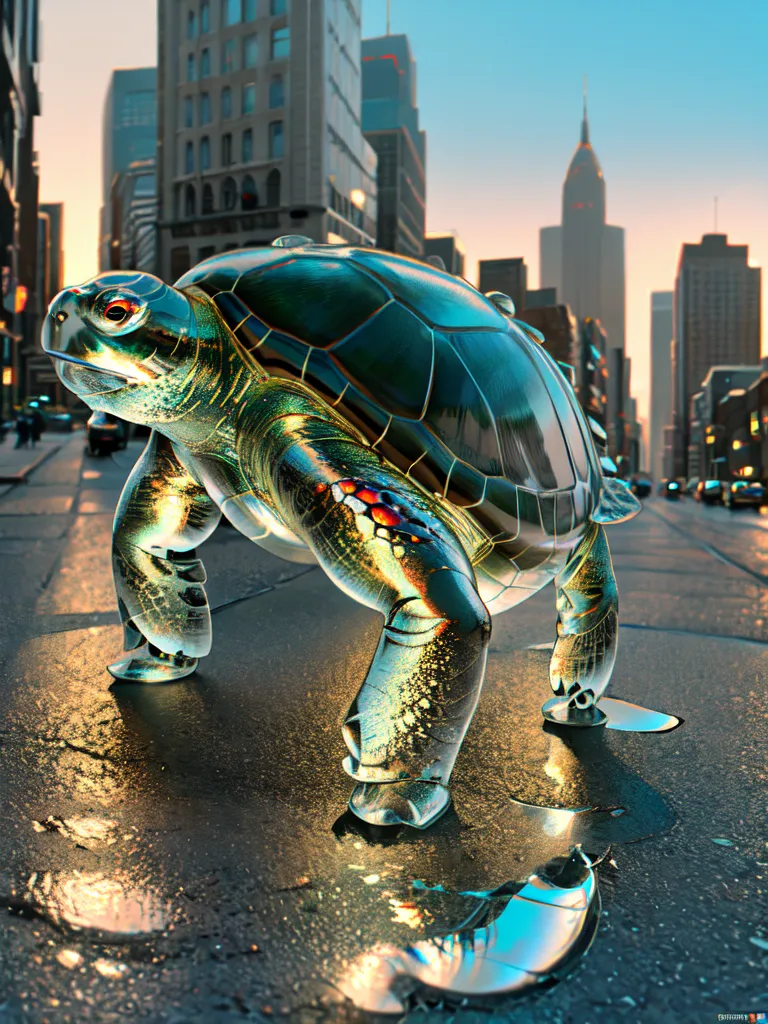 A giant green and blue turtle is walking down a city street. The turtle is made of glass or crystal and is reflecting the city lights. There are tall buildings on either side of the street and cars are driving on the road. The turtle is walking towards the viewer, the Empire State Building is in the background.