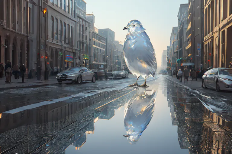 A imagem é uma foto de um pássaro em pé em uma rua de cidade molhada. O pássaro está voltado para a esquerda do observador e é feito de gelo ou cristal e reflete os edifícios e carros ao redor. A rua está molhada e há carros estacionados de ambos os lados da rua. Há também pessoas andando na rua. Os edifícios são altos e feitos de tijolos. O céu está nublado.