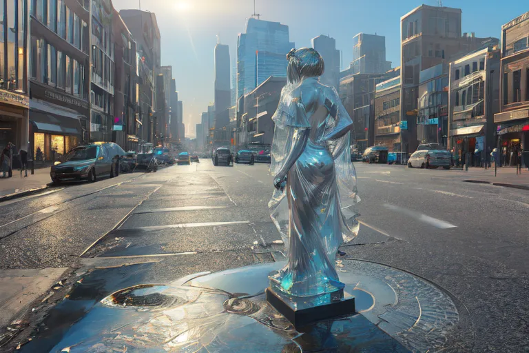 The image is a street scene with a statue of a woman in the foreground. The woman is made of glass or crystal and is wearing a flowing gown. The sun is shining brightly and there are cars and people in the background. The image is very realistic and the details are amazing.