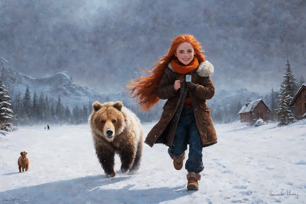 A girl with long red hair is running in the snow with a bear. The girl is wearing a brown coat and a red scarf. The bear is running next to her. There is a dog running in front of them. There are snow-covered mountains in the background. There is a cabin in the distance.