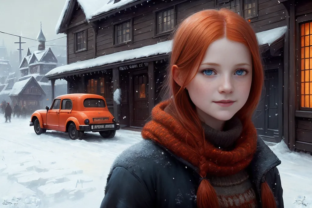 This is an image of a young woman standing in a snowy village. The woman is wearing a red scarf and a blue coat. She has long red hair and blue eyes. She is standing in front of a wooden house. There is a red car parked next to the house. The village is decorated with Christmas lights. There are snow-covered trees and houses in the background. The image has a warm and inviting atmosphere.