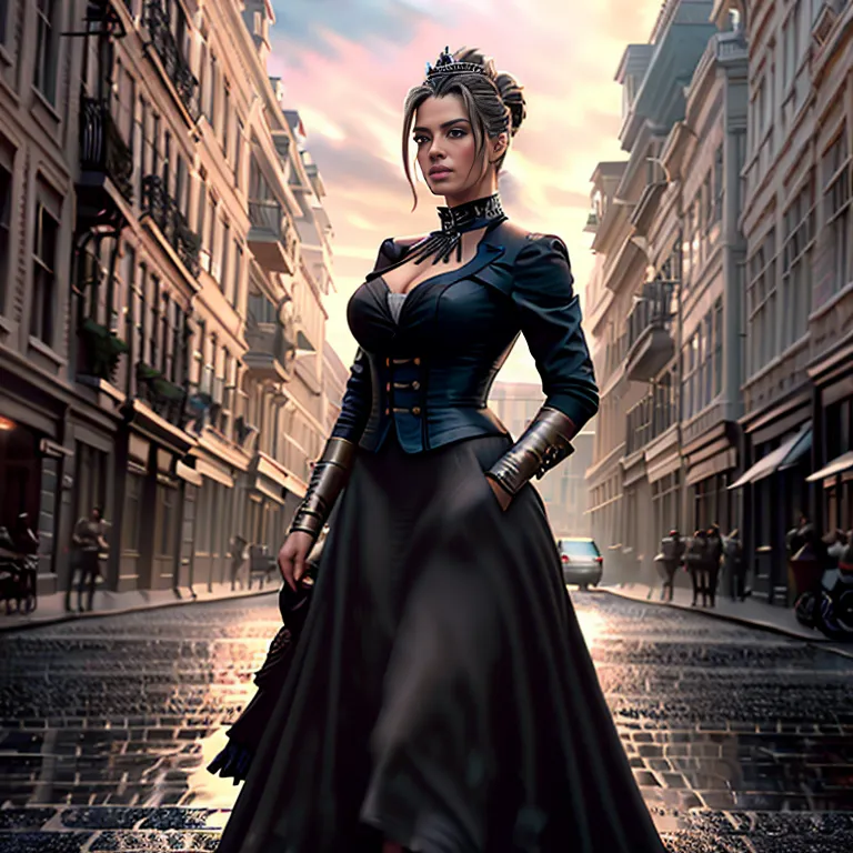 The image is of a woman wearing a black dress with a white camisole. The dress has a long skirt and a fitted bodice with gold buttons. The woman has a black lace mantilla on her head and is wearing a gold necklace with a large pendant. She is carrying a black handbag with a gold chain strap. The woman is standing in a city street with buildings on either side. The street is made of cobblestones and there are people walking in the background. The woman is looking at the camera with a serious expression.