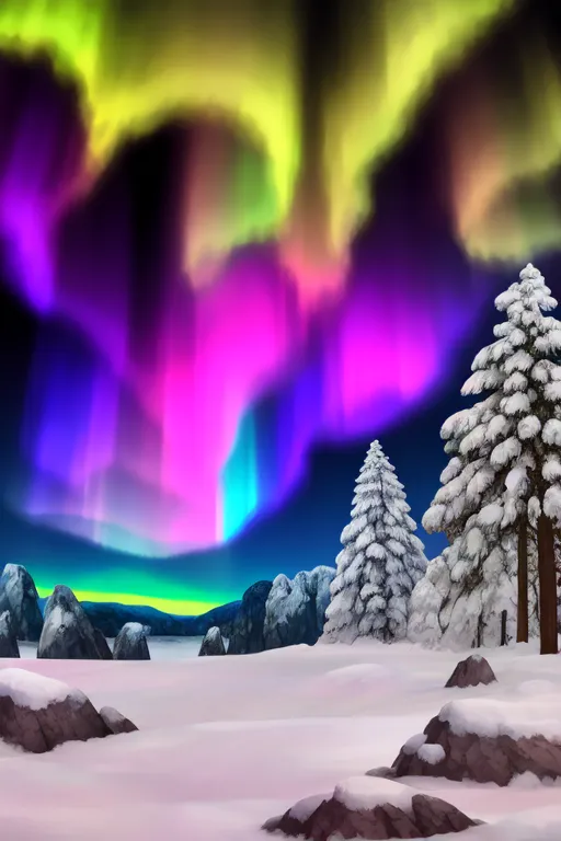 The image shows a winter landscape with a aurora in the night sky. The aurora is mostly pink, purple, and green. There are snow-covered trees and rocks in the foreground. In the background, there are snow-covered mountains.