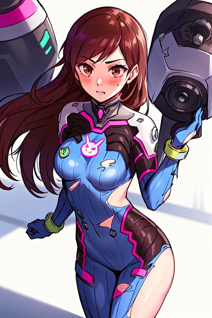 The image is of a young woman with long brown hair and brown eyes. She is wearing a blue and pink bodysuit with a white D.Va logo on the chest. She is also wearing a pair of black gloves and a pair of white boots. She is standing in a fighting stance, with her left fist raised and her right hand holding a gun. In the background, there is a large, pink mech.