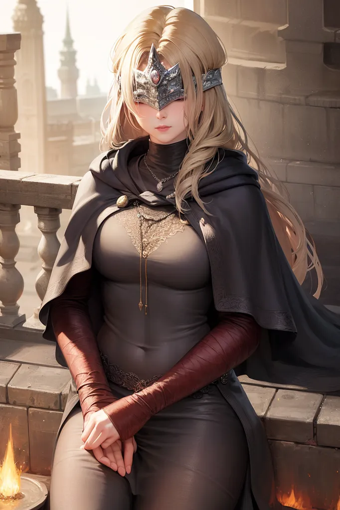 The image is of a woman with long blonde hair and purple eyes. She is wearing a black and grey dress with a hood. The dress has gold trim and a silver necklace with a blue gem in the center. She is also wearing a silver crown. She is sitting on a stone balcony with her hands folded in her lap. There is a fire burning in the background.