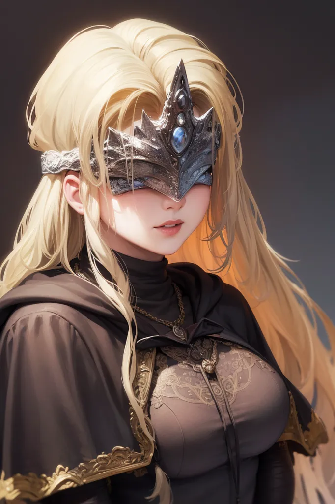 The image is of a woman with long blonde hair and a silver mask with blue gems over her eyes. She is wearing a dark brown cloak with gold trim and a light brown dress with a white camisole. The image is likely depicting a character from the Dark Souls video game series.