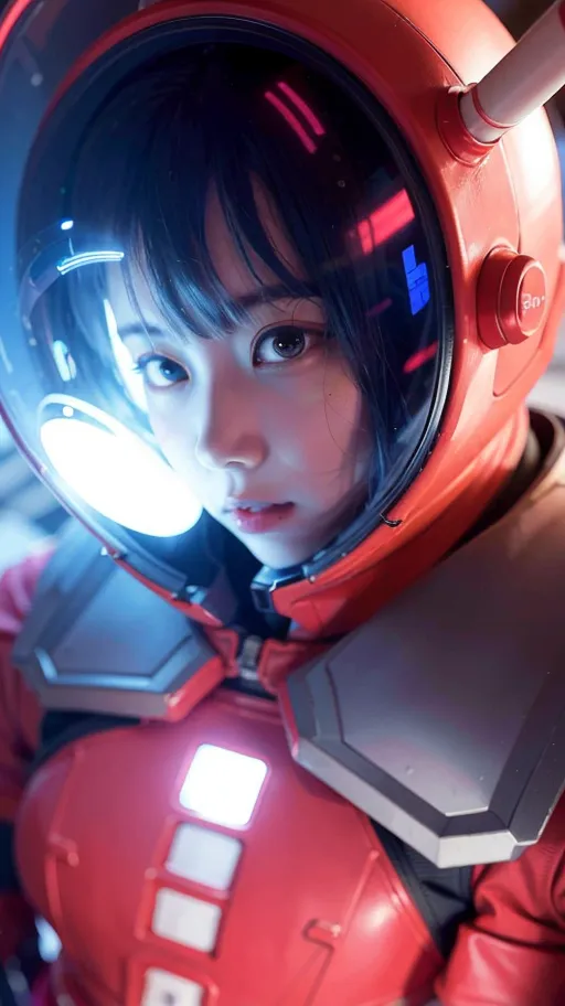 A young girl with short black hair and brown eyes is wearing a red and gray spacesuit with a clear bubble helmet. The spacesuit has various buttons and lights on it. The girl is looking at the camera with a serious expression on her face.