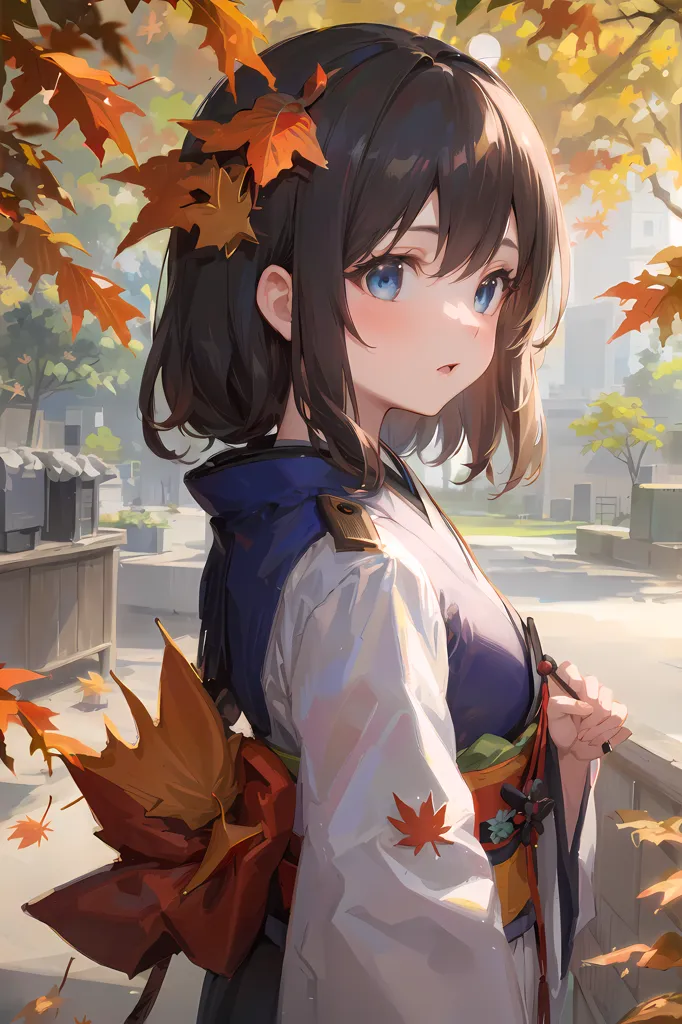 The image is of a young girl with short brown hair and blue eyes. She is wearing a traditional Japanese kimono with a red and white obi. The kimono has a floral pattern. The girl is standing in a forest of maple trees. The leaves on the trees are turning red and orange. There are also some yellow leaves. The girl is looking at the leaves on the trees. She has a serene expression on her face. The image is peaceful and calming.