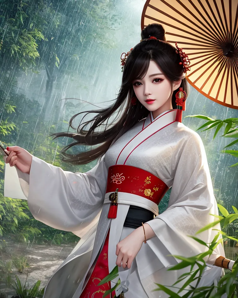 A imagem mostra uma bela mulher asiática vestindo um quimono branco e vermelho. Ela está em pé em uma floresta de bambu, segurando um guarda-chuva chinês tradicional. Está chovendo e a mulher parece estar perdida em pensamentos. A imagem é muito detalhada e captura a beleza da mulher e da floresta.