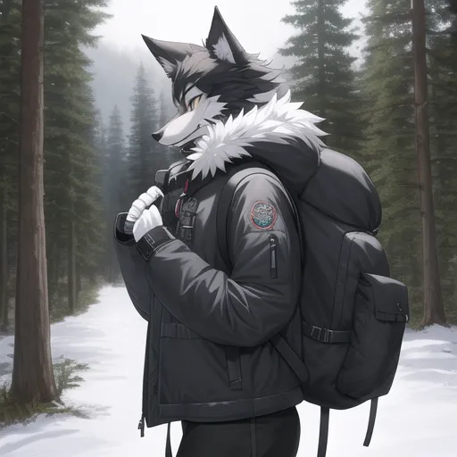 A imagem mostra um lobo cinza e branco usando um casaco de inverno preto e uma mochila. O lobo está em pé em uma floresta nevada, olhando para a esquerda. O lobo tem uma expressão determinada no rosto e parece estar pronto para uma longa jornada.