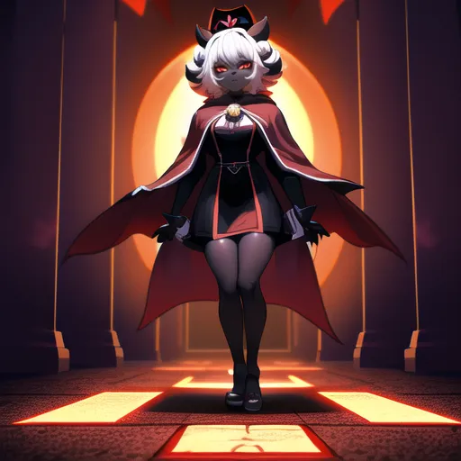 This is an image of a demon girl with white hair and red eyes. She is wearing a red and black dress with a white cape. She has horns on her head and a tail. She is standing in a dark room with a red light shining on her.