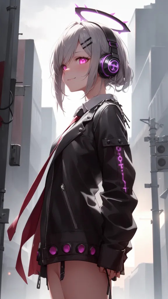 The image is an anime-style drawing of a young woman. She has short white hair and purple eyes. She is wearing a black leather jacket, a red tie, and headphones. She is standing in a city street with a halo above her head.