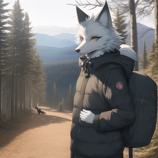 The image is of a white wolf wearing a black winter coat with a fur-lined hood. The wolf is standing in a snowy forest, looking to the left of the frame. There are mountains in the distance. The wolf has a backpack on its back and is carrying a walking stick. The wolf has yellow eyes and a black nose.