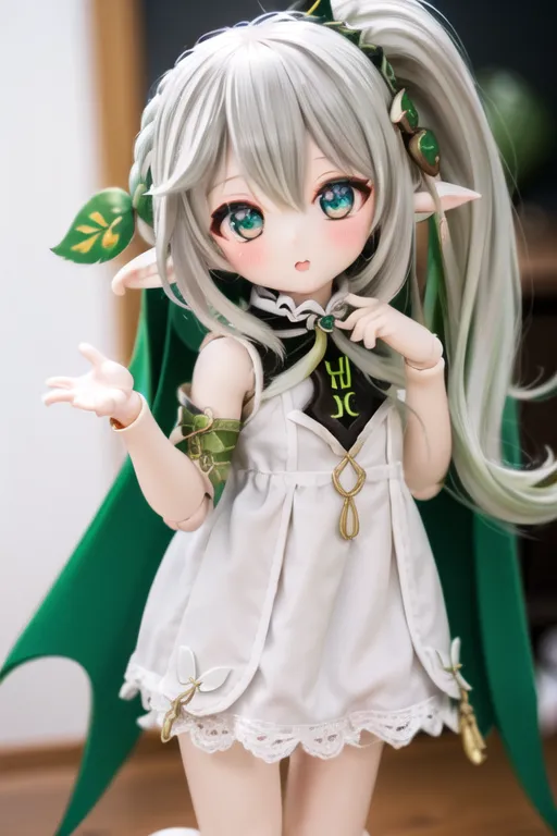 The image shows an anime-style doll with long white and green hair, green eyes, and pointy ears. She is wearing a white and green dress with a leaf-shaped green cape. The doll is standing on a wooden surface and is looking at the viewer with a curious expression.