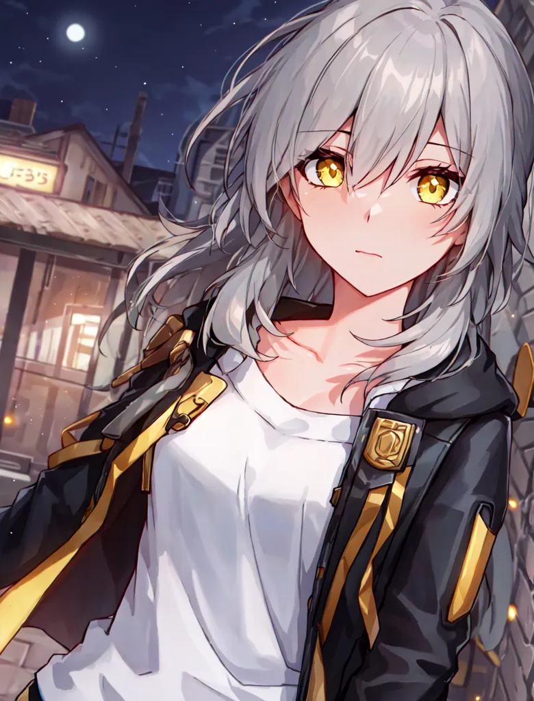 The image is of a young woman with silver hair and yellow eyes. She is wearing a white shirt and a black jacket with yellow stripes. She is standing in a dark alleyway at night. The moon is shining brightly in the background. The woman is looking at the viewer with a serious expression.