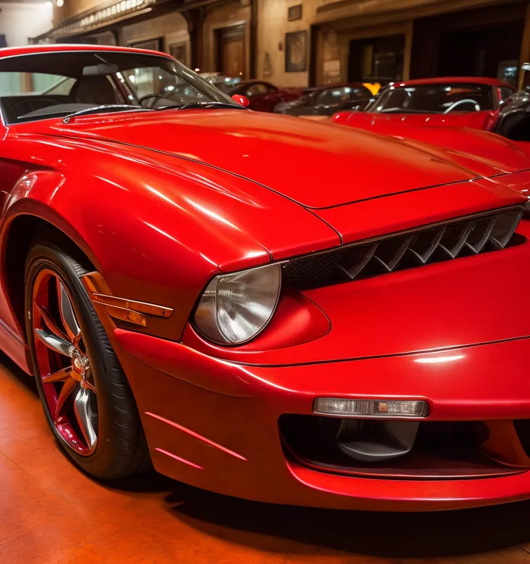 The image shows a red sports car. It has a long hood and a short trunk. The car is very low to the ground. It has a spoiler on the front and a diffuser on the back. The car has red wheels and a red interior. There is a row of other sports cars in the background.