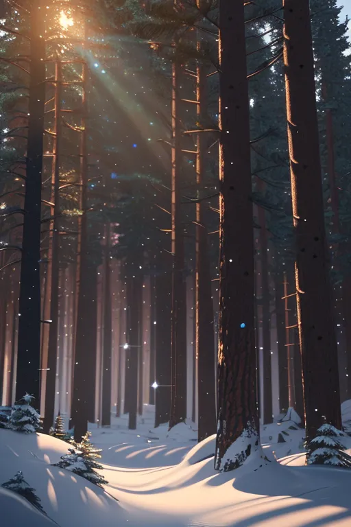 This is a picture of a snow-covered forest. The snow is falling heavily and the trees are covered in a thick blanket of white. The sun is shining brightly, creating a beautiful winter scene. The forest is full of tall, majestic trees. The ground is covered in snow, and there is a small path leading through the trees.