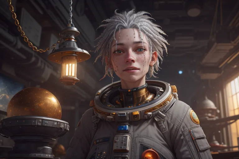 This is an image of a young girl in a spacesuit. She has short white hair and brown eyes. She is standing in front of a large golden sphere. There is a lantern hanging from the ceiling on her right. She is wearing a light grey spacesuit with a white collar. The spacesuit has gold and black accents.