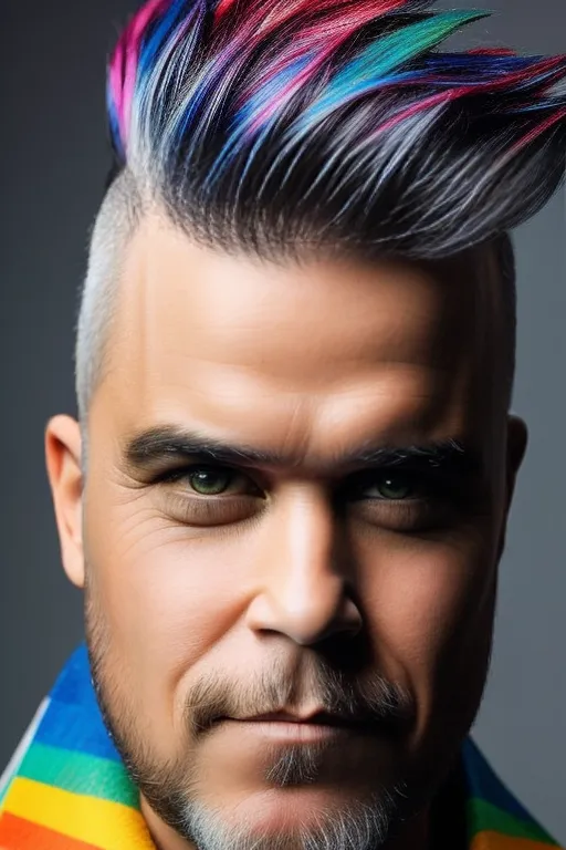 The image shows a man with a multi-colored Mohawk. The Mohawk is blue, green, pink, and purple. The rest of his hair is dark. He has a short beard and mustache that are greying. His eyebrows are dark and his eyes are green. He is wearing a rainbow-colored scarf around his neck. The background is grey.