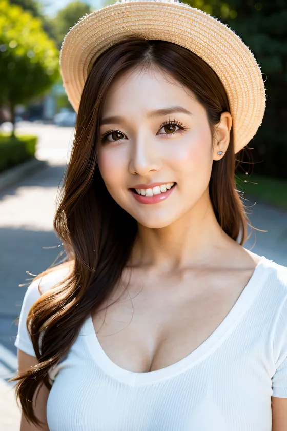 This is an image of a young woman, probably in her early 20s. She has long, dark hair and light brown eyes. She is wearing a white shirt and a straw hat. She is smiling and looking at the camera. The background is blurred.