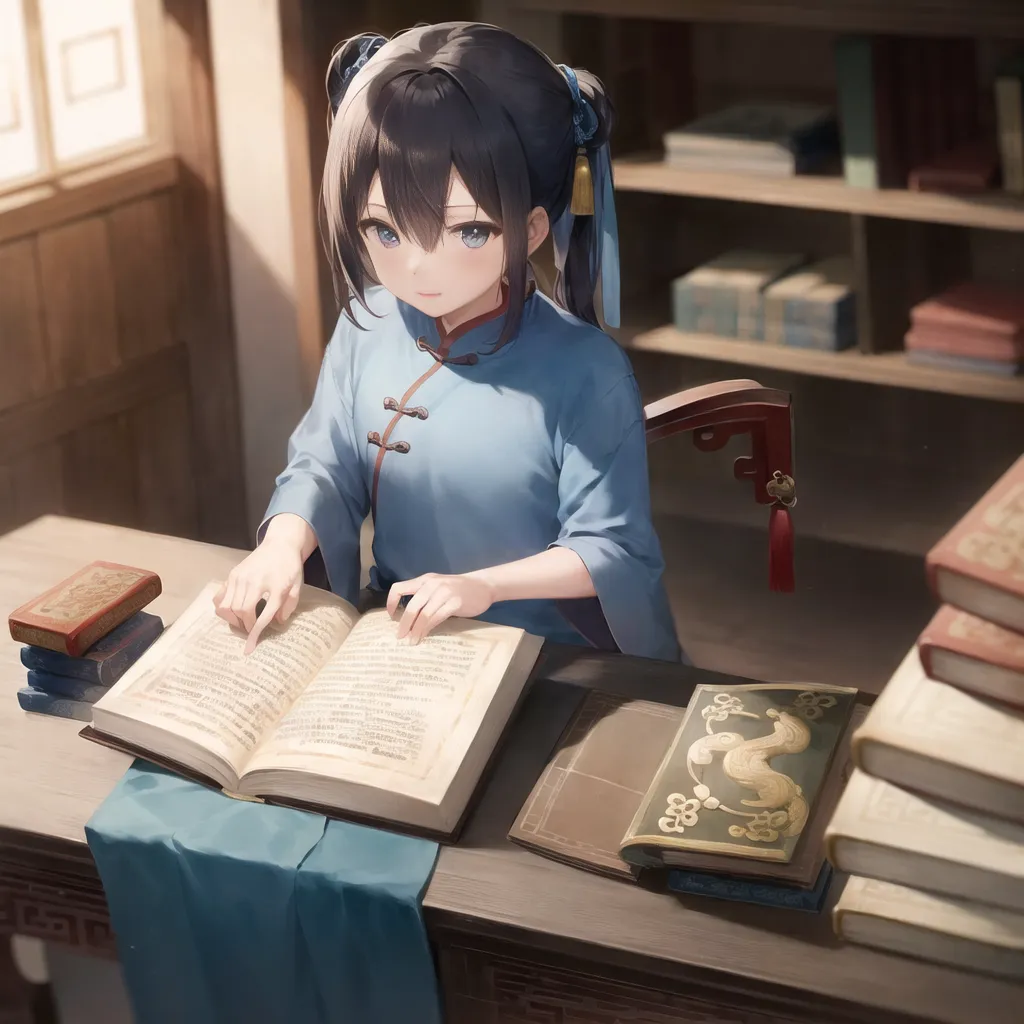 A girl with long black hair tied in twin ponytails is sitting at a desk reading a book. She is wearing a blue cheongsam with white trim. There are bookshelves on all sides of her and a stack of books on the desk to her right. The girl is looking at the book with a focused expression.