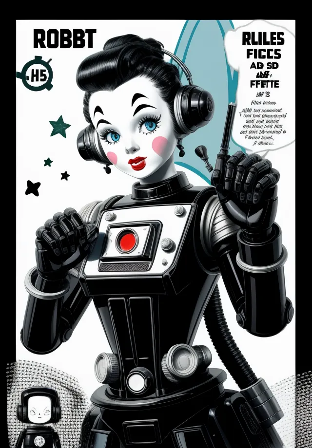 The image is a poster of a robot named Robbt H5. Robbt is a black and white robot with blue eyes and red lips. It is wearing a black and white suit and a pair of headphones. Robbt is holding a gun in its right hand. There is a small robot on the lower left corner of the poster. The poster is written in English and has the words "Robbt H5", "Rules", "Fices", "Ad", "SD", and "MW" on it.