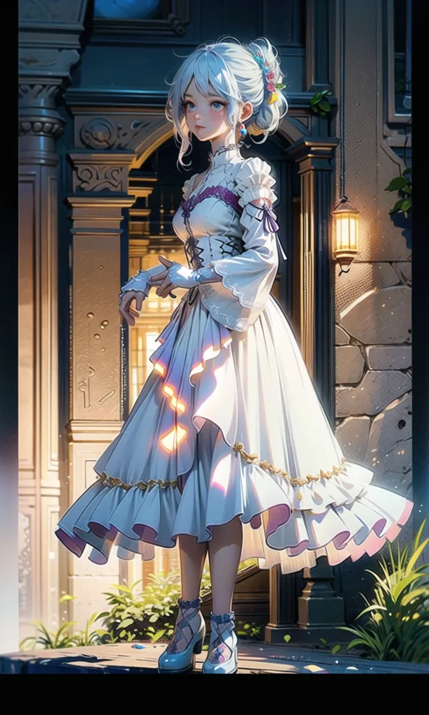 The image is of a beautiful anime girl with white hair and blue eyes. She is wearing a white and blue dress with a corset. The dress has a long skirt with several layers of ruffles. She is standing in front of a stone building with a lantern on the wall. There are plants growing around the building. The girl is looking at the viewer with a gentle smile on her face.