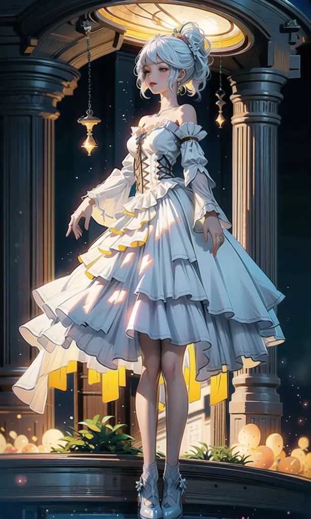 The image is of a beautiful anime girl with white hair and silver eyes. She is wearing a white dress with a yellow corset and off-the-shoulder sleeves. The bottom of the dress is a double layer of ruffles. She is standing in a grand hall with a marble floor and ornate columns. There is a large clock on the wall behind her and several plants in the foreground. The girl is looking at the viewer with a gentle smile on her face.