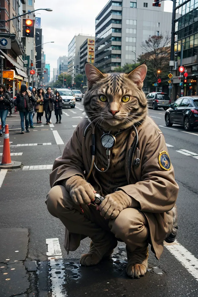 The image shows a cat in a khaki uniform with a stethoscope around its neck and a badge on its chest. The cat is wearing a brown hat and is crouched down on the sidewalk in the middle of a busy city street with cars and people crossing the road in the background.