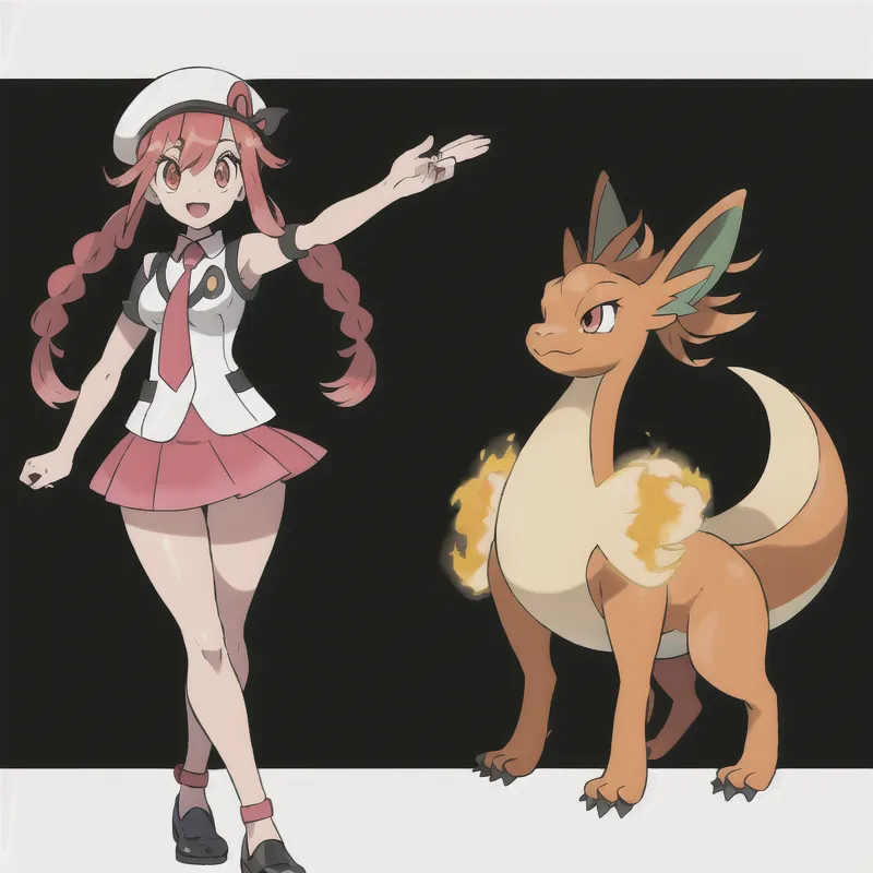 The image shows a young woman and a quadrupedal Pokémon. The woman is wearing a white hat, a red and white shirt, a pink skirt, and brown shoes. She has long red hair and green eyes. The Pokémon has a long, serpentine body with a yellow belly and orange back. It has four legs, each with three claws, and a long tail that ends in a flame-like shape. The Pokémon also has a pair of wings that are folded up against its back. The woman is smiling and has her right arm outstretched, while the Pokémon is standing on its hind legs and looking up at her. The background is a dark co